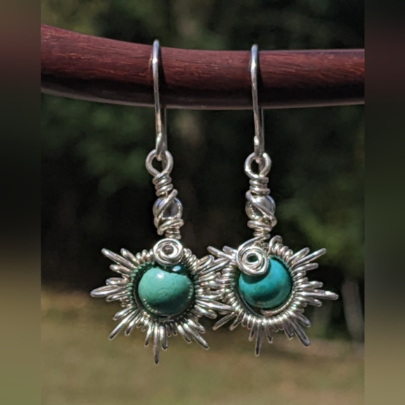 Hand Crafted 925 Sterling Silver Sunburst Earrings Turquoise Gemstone Beads - Picture 3 of 15